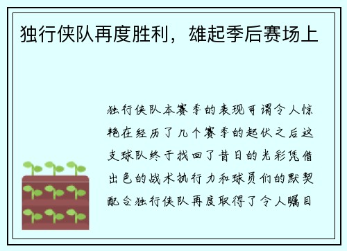 独行侠队再度胜利，雄起季后赛场上